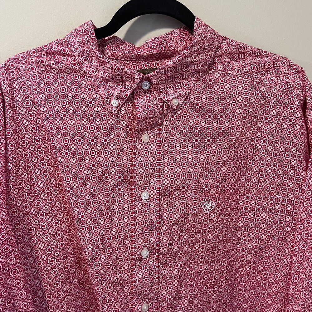 Ariat Stretch Men XXL Red All Over Print Long Sleeve Button Down Western Shirt